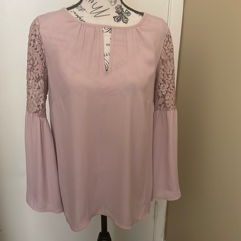 Chelsea28 top beautiful blush color, lace sleeve back has covered button detail
